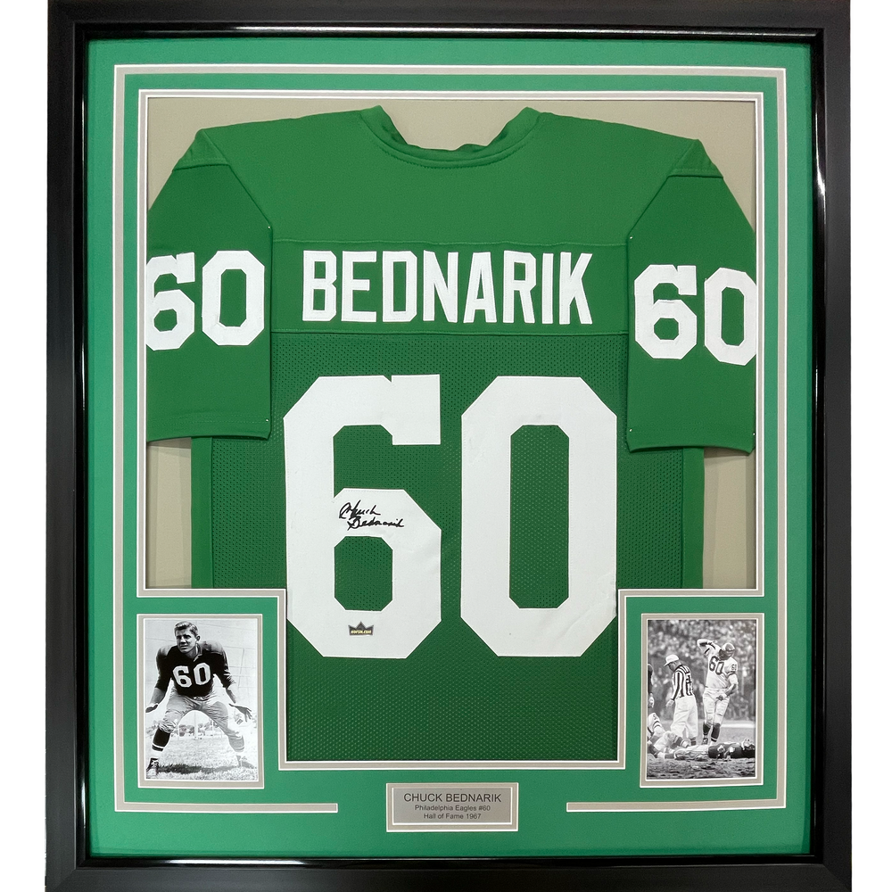 Framed Facsimile Autographed Chuck Bednarik 35x39 Philadelphia Kelly Green Reprint Laser Auto Football Jersey (ONLINE ORDER ONLY)
