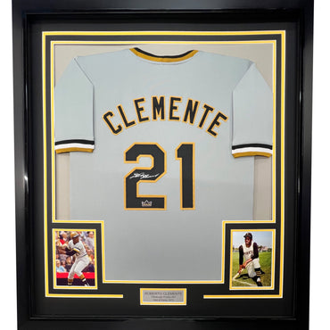 Framed Facsimile Autographed Roberto Clemente 35x39 Pittsburgh Grey Reprint Laser Auto Baseball Jersey (ONLINE ORDER ONLY)