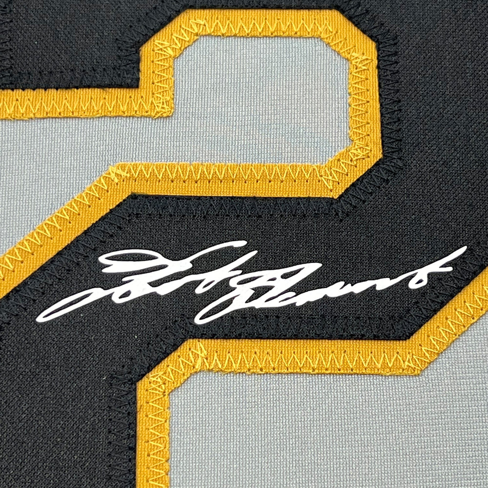 Framed Facsimile Autographed Roberto Clemente 35x39 Pittsburgh Grey Reprint Laser Auto Baseball Jersey (ONLINE ORDER ONLY)
