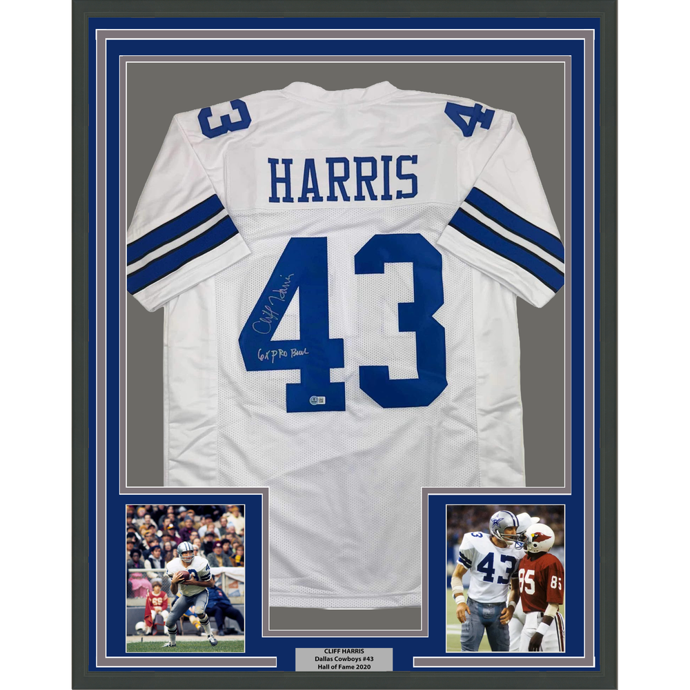 Framed Autographed/Signed Cliff Harris 35x39 Dallas White Football Jersey Beckett BAS COA (ONLINE ORDER ONLY)