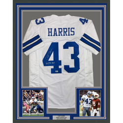 Framed Autographed/Signed Cliff Harris 35x39 Dallas White Football Jersey Beckett BAS COA (ONLINE ORDER ONLY)