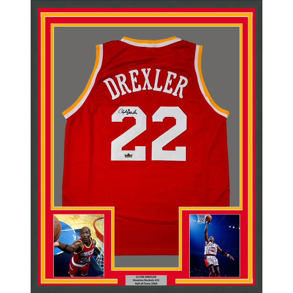 Framed Facsimile Autographed Clyde Drexler 35x39 Houston Red Reprint Laser Auto Basketball Jersey (ONLINE ORDER ONLY)
