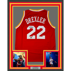 Framed Facsimile Autographed Clyde Drexler 35x39 Houston Red Reprint Laser Auto Basketball Jersey (ONLINE ORDER ONLY)