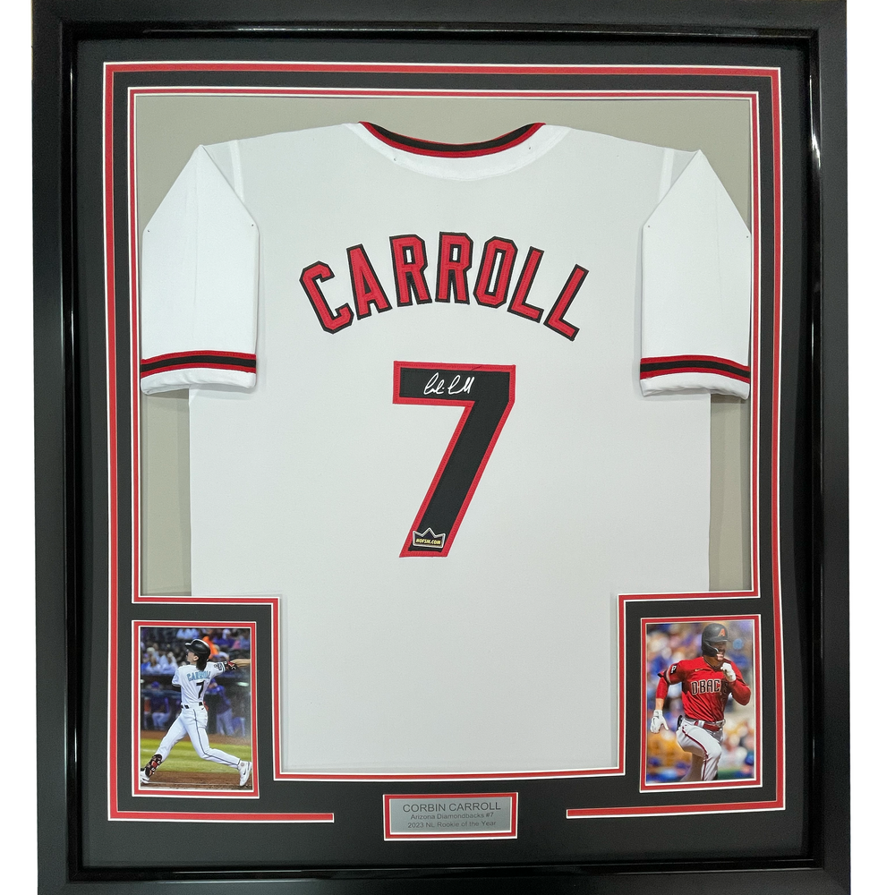 Framed Facsimile Autographed Corbin Carroll 35x39 Arizona White Reprint Laser Auto Baseball Jersey (ONLINE ORDER ONLY)