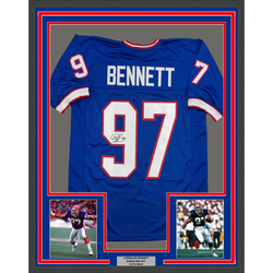 Framed Autographed/Signed Cornelius Bennett 35x39 Buffalo Blue Football Jersey JSA COA