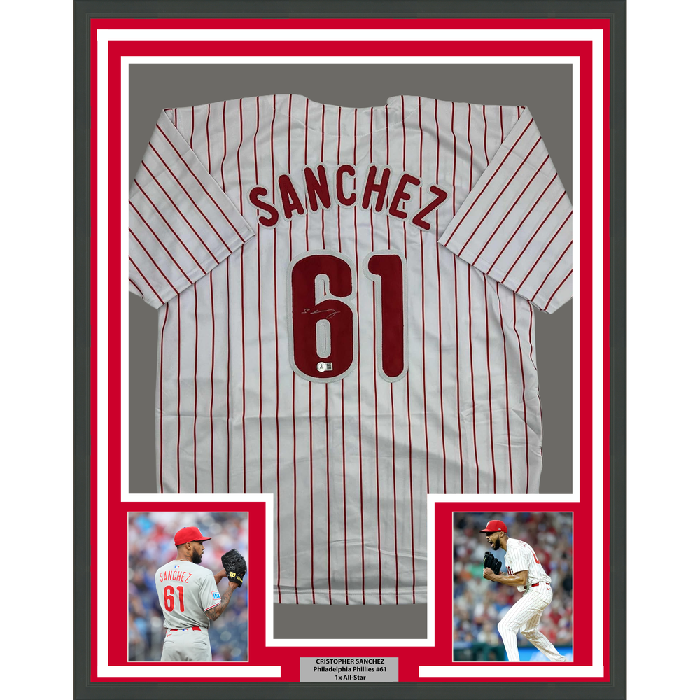 Framed Autographed/Signed Cristopher Sanchez 35x39 Philadelphia Pinstripe Baseball Jersey Beckett BAS COA