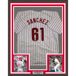 Framed Autographed/Signed Cristopher Sanchez 35x39 Philadelphia Pinstripe Baseball Jersey Beckett BAS COA