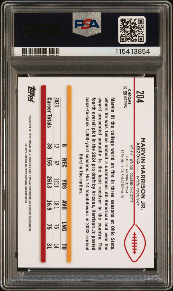 Graded 2024 Topps Chrome Marvin Harrison Jr #204 Rookie RC Football Card PSA 9 Mint (ONLINE ORDER ONLY)