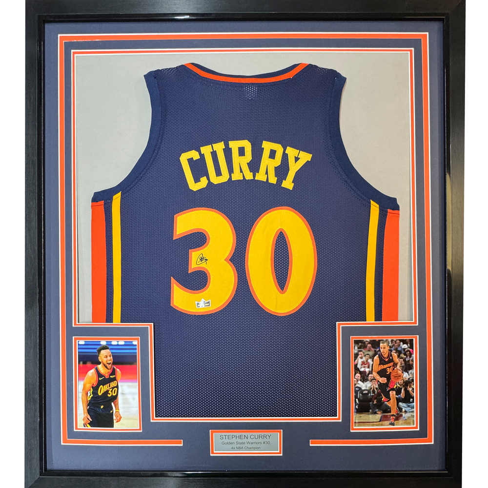 Framed Facsimile Autographed Stephen Steph Curry 35x39 Golden State Navy Blue Retro Rookie Reprint Laser Auto Basketball Jersey (ONLINE ORDER ONLY)