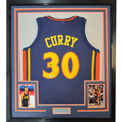 Framed Facsimile Autographed Stephen Steph Curry 35x39 Golden State Navy Blue Retro Rookie Reprint Laser Auto Basketball Jersey (ONLINE ORDER ONLY)