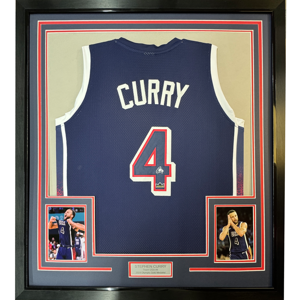 Framed Facsimile Autographed Stephen Steph Curry 35x39 2024 United States Team USA Blue Reprint Laser Auto Basketball Jersey (ONLINE ORDER ONLY)