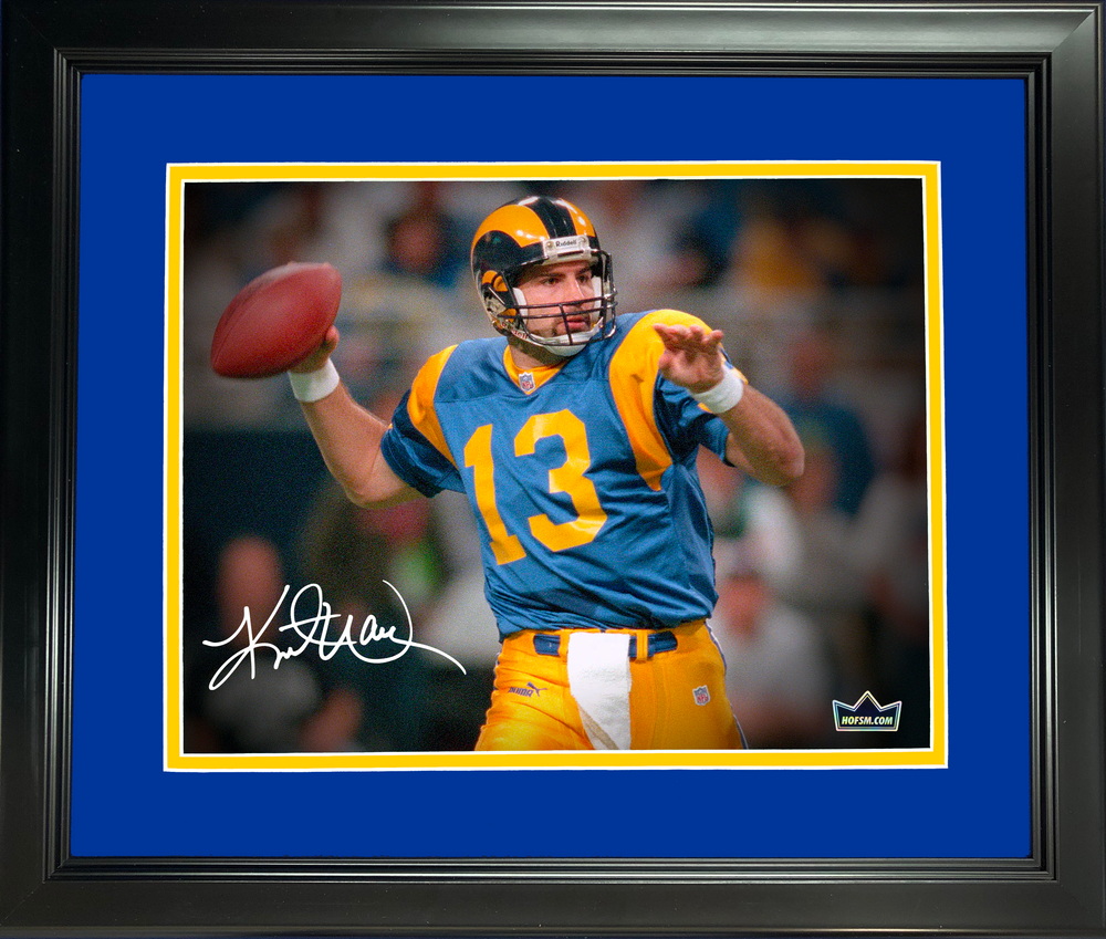 Framed Kurt Warner Los Angeles Rams Facsimile Laser Engraved Signature Auto 11"x14" Football Photo HOFSM Holo (ONLINE ORDER ONLY)