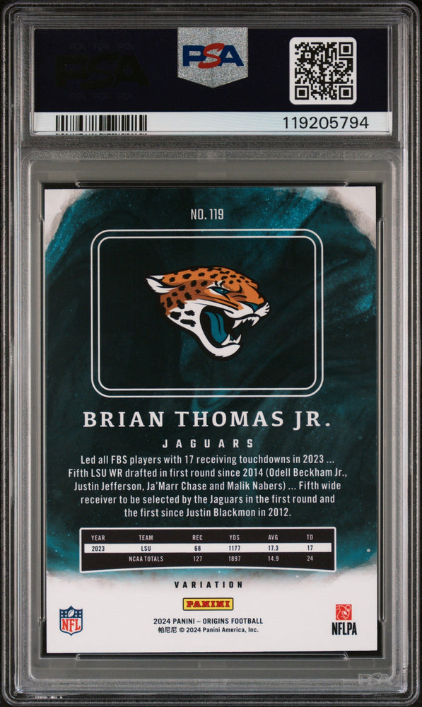 Graded 2024 Panini Origins Brian Thomas Jr #119 Variation Rookie RC Football Card PSA 10 Gem Mint (ONLINE ORDER ONLY)