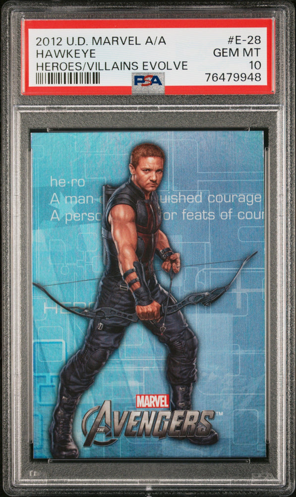 2012 UPPER DECK MARVEL AVENGERS ASSEMBLE HEROES/VILLAINS EVOLVE HAWKEYE #E-28 - PSA 10 (Online Order Only)