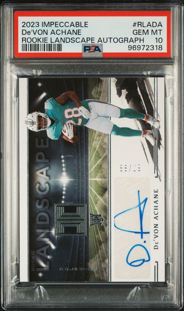 Graded 2023 Panini Impeccable Devon Achane #RLADA /99 Rookie Landscape Autograph Rookie RC Football Card PSA 10 Gem Mint (ONLINE ORDER ONLY)