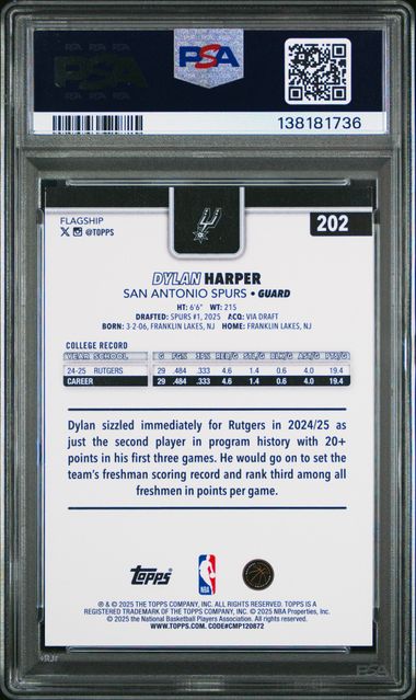 Graded 2025 Topps Dylan Harper #202 Rookie RC Basketball Card PSA 10 Gem Mint (ONLINE ORDER ONLY)