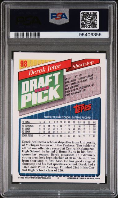 Graded 1993 Topps Derek Jeter #98 Rookie RC Baseball Card PSA 9 Mint (ONLINE ORDER ONLY)