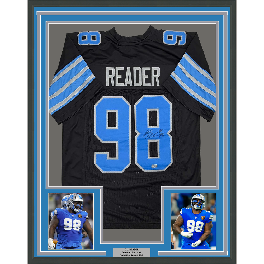 Framed Autographed/Signed D.J. DJ Reader 35x39 Detroit Black Football Jersey Beckett BAS COA