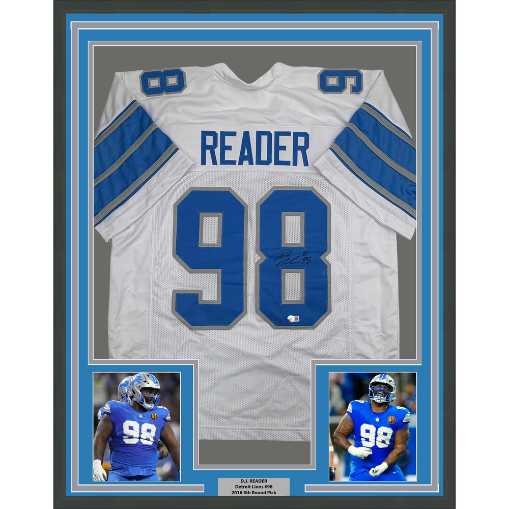 Framed Autographed/Signed D.J. DJ Reader 35x39 Detroit White Football Jersey Beckett BAS COA