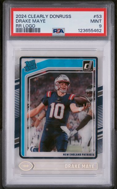 Graded 2024 Panini Clearly Donruss Drake Maye #53 RR Logo Rookie RC Football Card PSA 9 Mint (ONLINE ORDER ONLY)