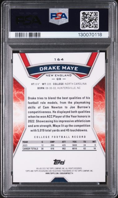 Graded 2024 Topps Resurgence Drake Maye #164 /275 Navy Surge Rookie RC Football Card PSA 10 Gem Mint (ONLINE ORDER ONLY)