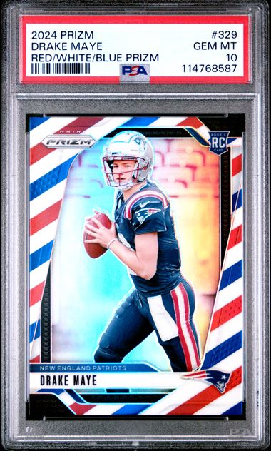 Graded 2024 Panini Prizm Drake Maye #329 Red White Blue Prizm Rookie RC Football Card PSA 10 Gem Mint (ONLINE ORDER ONLY)