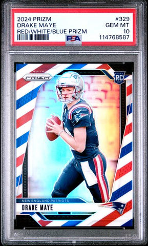 Graded 2024 Panini Prizm Drake Maye #329 Red White Blue Prizm Rookie RC Football Card PSA 10 Gem Mint (ONLINE ORDER ONLY)