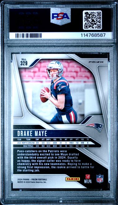 Graded 2024 Panini Prizm Drake Maye #329 Red White Blue Prizm Rookie RC Football Card PSA 10 Gem Mint (ONLINE ORDER ONLY)