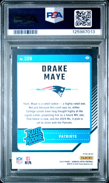 Graded 2024 Panini Donruss Optic Blue Hyper Drake Maye #229 Rookie RC Football Card PSA 10 Gem Mint (ONLINE ORDER ONLY)