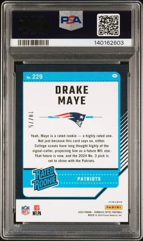 Graded 2024 Panini Donruss Optic Drake Maye #229 /75 Electricity Rookie RC Football Card PSA 9 Mint (ONLINE ORDER ONLY)