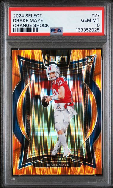 Graded 2024 Panini Select Drake Maye #27 /499 Orange Shock Rookie RC Football Card PSA 10 Gem Mint (ONLINE ORDER ONLY)