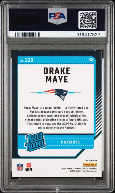 Graded 2024 Panini Donruss Optic Drake Maye #229 Holo Rookie RC Football Card PSA 9 Mint (ONLINE ORDER ONLY)