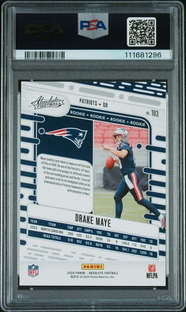 Graded 2024 Panini Absolute Drake Maye #103 Green Foil Rookie RC Football Card PSA 10 Gem Mint (ONLINE ORDER ONLY)