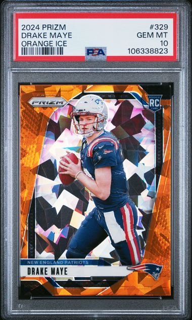 Graded 2024 Panini Prizm Drake Maye #329 Orange Ice Rookie RC Football Card PSA 10 Gem Mint (ONLINE ORDER ONLY)