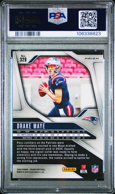 Graded 2024 Panini Prizm Drake Maye #329 Orange Ice Rookie RC Football Card PSA 10 Gem Mint (ONLINE ORDER ONLY)