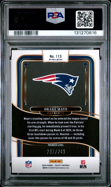 Graded 2024 Panini Select Drake Maye #113 /249 Tri Color Prizm Rookie RC Football Card PSA 10 Gem Mint (ONLINE ORDER ONLY)
