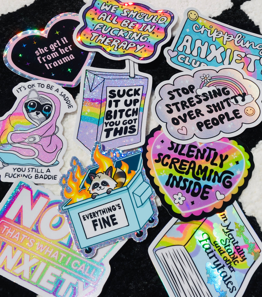 Funny Mental Health Sticker Pack –  Holographic Waterproof Vinyl Decals – Discounted Bundle of Anxiety, Therapy & Trauma Humor (ONLINE ORDER ONLY)
