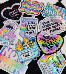 Funny Mental Health Sticker Pack –  Holographic Waterproof Vinyl Decals – Discounted Bundle of Anxiety, Therapy & Trauma Humor (ONLINE ORDER ONLY)