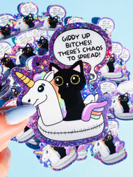 Funny Vinyl Sticker – Giddy Up Bitches – Holographic Cat and Unicorn Waterproof Decal (Online Order Only)