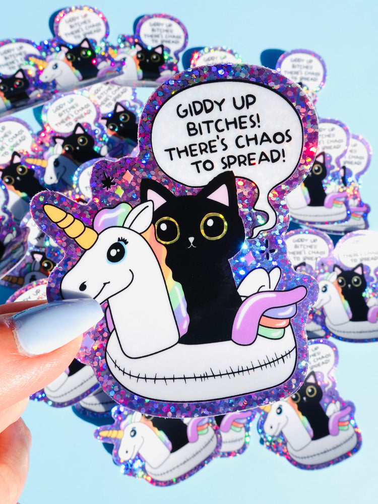 Funny Vinyl Sticker – Giddy Up Bitches – Holographic Cat and Unicorn Waterproof Decal (Online Order Only)
