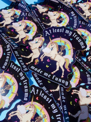 Funny Vinyl Sticker – At Least My Trauma Made Me Funny – Unicorn Skeleton Holographic Decal (Online Order Only)