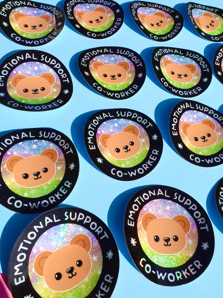Funny Vinyl Sticker – Emotional Support Co-Worker – Glitter Holographic Waterproof Bear Decal for Work Laptop or Office Gift (Online Order Only)