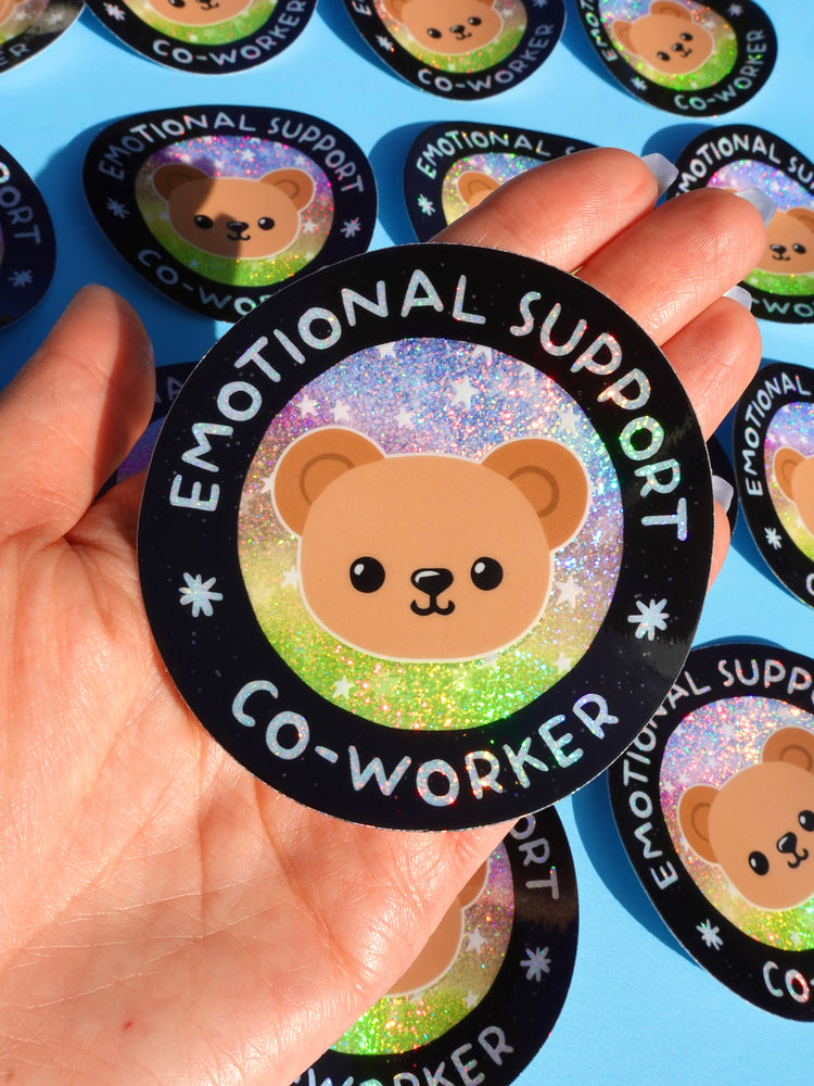 Funny Vinyl Sticker – Emotional Support Co-Worker – Glitter Holographic Waterproof Bear Decal for Work Laptop or Office Gift (Online Order Only)