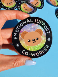 Funny Vinyl Sticker – Emotional Support Co-Worker – Glitter Holographic Waterproof Bear Decal for Work Laptop or Office Gift (Online Order Only)