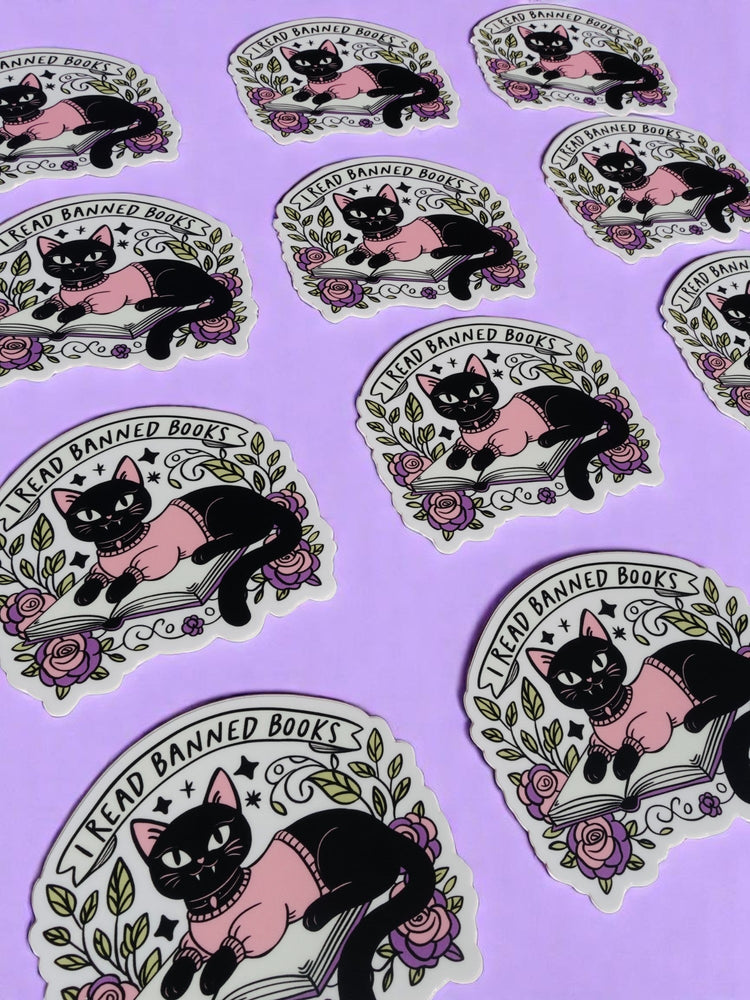 I Read Banned Books Sticker – Black Cat Reading Vinyl Decal – Feminist Book Lover Waterproof (Online Order Only)