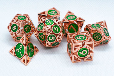 Rose Gold w/Green Deadly Arrow Dice | 7-Dice RPG Set High Visibility (Online Only)