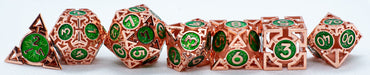 Rose Gold w/Green Deadly Arrow Dice | 7-Dice RPG Set High Visibility (Online Only)