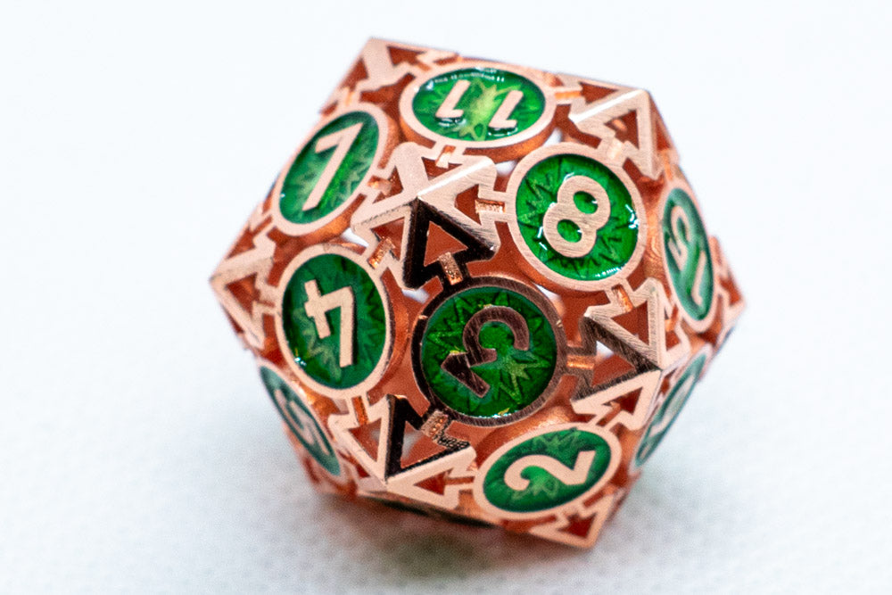 Rose Gold w/Green Deadly Arrow Dice | 7-Dice RPG Set High Visibility (Online Only)