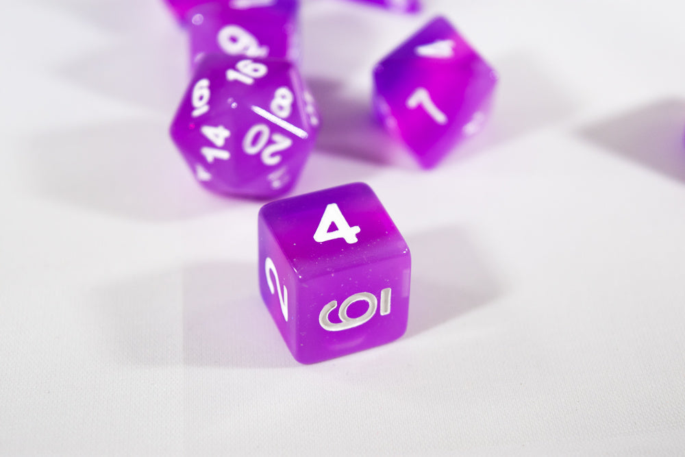 Translucent Purple Aurora Poly Dice Set Purple Violet (7) White Numbers New RPG DnD HDdice (Online Only)
