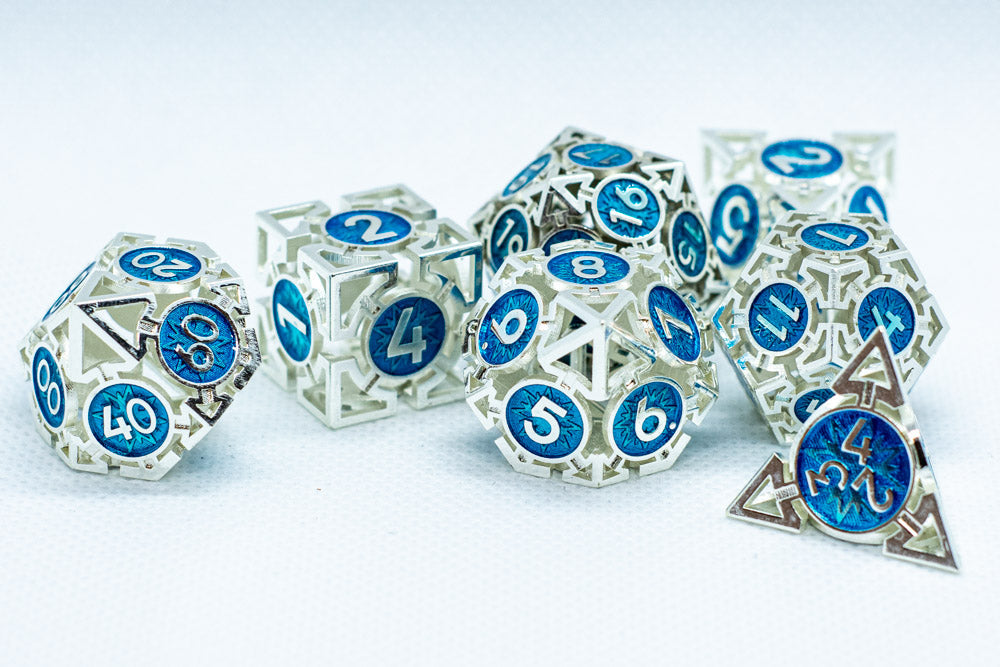 Tritan Silver w/Blue Deadly Arrow Dice | 7-Dice RPG Set High Visibility (Online Only)